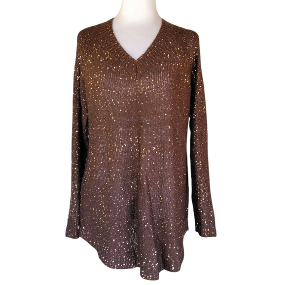 Soft Surroundings Chocolate Brown Gold Sequin Open Knit V Neck Size Medium - Picture 3 of 9